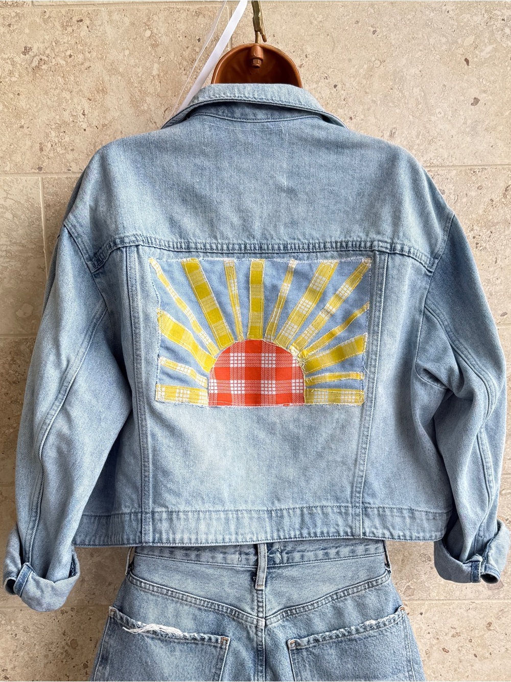 Upcycled Denim Jacket with Palaka Print Yellow Sunburst Patch